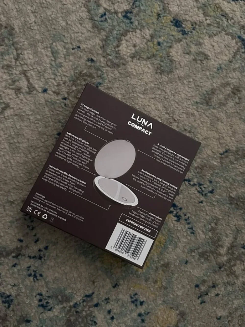 Luna London Compact Rechargeable LED Mirror in Espresso Brown